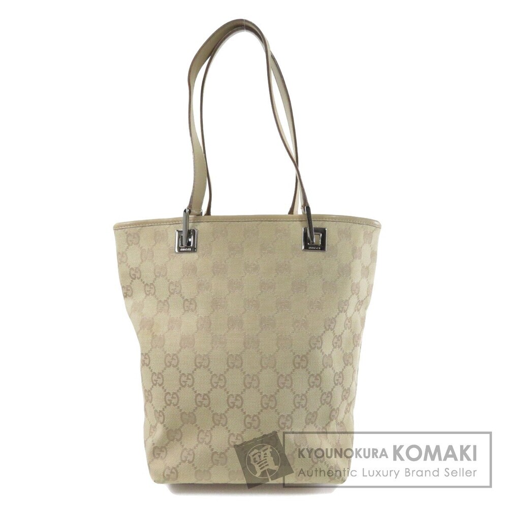 Gucci beige monogram canvas tote bag brown leather